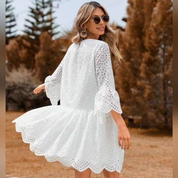 Eyelet Embroidery Flounce Sleeve Ruffle Hem Smock Flattering Dress - Picture 2 of 6